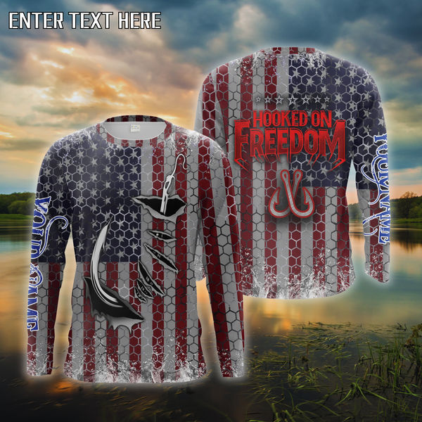 Maxcorner American Flag Fish Hook Custom Men Long Sleeve Fishing Shirts Personalized Patriotic Fishing Gifts