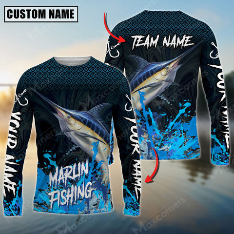 Maxcorner Marlin Fishing Blue Wave Pattern Personalized 3D Long Sleeve Shirt