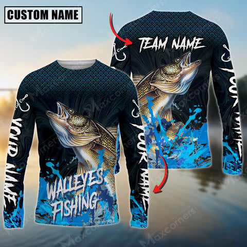 Maxcorner Walleye Fishing Blue Wave Pattern Personalized 3D Long Sleeve Shirt