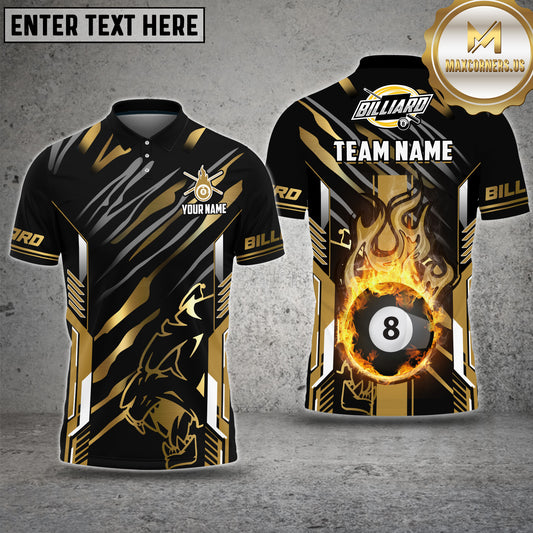 Maxcorners Billiard Ball 8 Flame Premium Tiger Pattern Multicolor Options Personalized Name, Team Name 3D Polo Shirt (4 Colors)