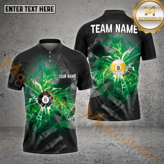 Maxcorners Billiard 8 Ball & 9 Ball Spinning Wind Skull Eye Multicolor Options Personalized Name, Team Name 3D Polo Shirt (4 Colors)