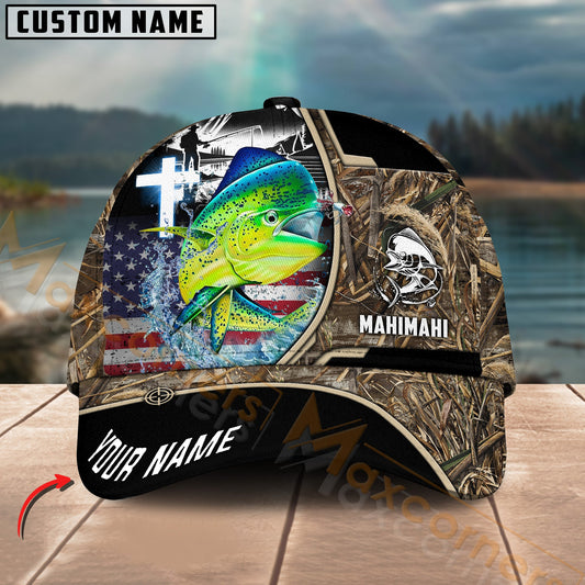Maxcorners Mahi-Mahi Fishing Flag Of US Camouflage Pattern Multicolor Personalized Name 3D Cap
