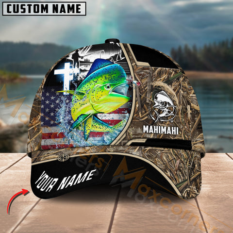 Maxcorners Mahi-Mahi Fishing Flag Of US Camouflage Pattern Multicolor Personalized Name 3D Cap