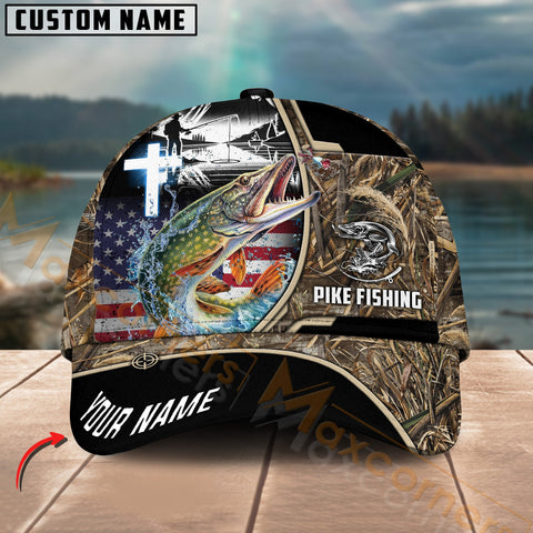 Maxcorners Pike Fishing Flag Of US Camouflage Pattern Multicolor Personalized Name 3D Cap