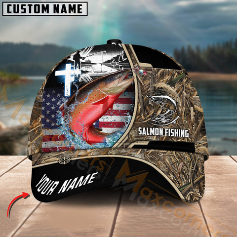 Maxcorners Salmon Fishing Flag Of US Camouflage Pattern Multicolor Personalized Name 3D Cap