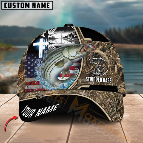 Maxcorners Stripped Bass Fishing Flag Of US Camouflage Pattern Multicolor Personalized Name 3D Cap