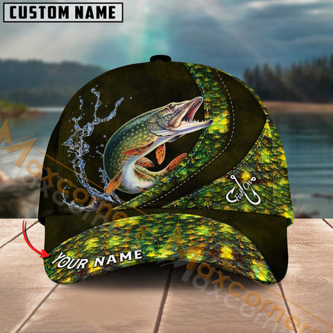 Maxcorners Pike Fishing Skinfish Leather Pattern Multicolor Personalized Name 3D Cap