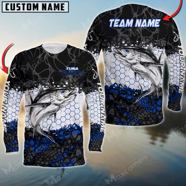 Maxcorner Tuna Fishing Jersey Black&Blue Pattern Personalized 3D Long Sleeve Shirt