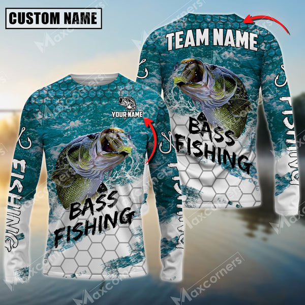 Maxcorner Bass Fishing Sun Protection Sea Camo Pattern Personalized Name And Team Name Long Sweat Shirt