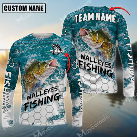 Maxcorner Walleye Fishing Sun Protection Sea Camo Pattern Personalized Name And Team Name Long Sweat Shirt