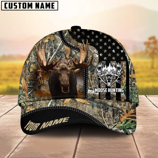 Maxcorners Moose Hunting American Flag Camo Pattern Multicolor Personalized Name 3D Cap (4 colors)