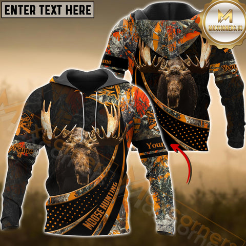 Maxcorners Moose Hunting Orange Camo Dot Pattern Custom Name Shirt 3D All Over Printed Clothes