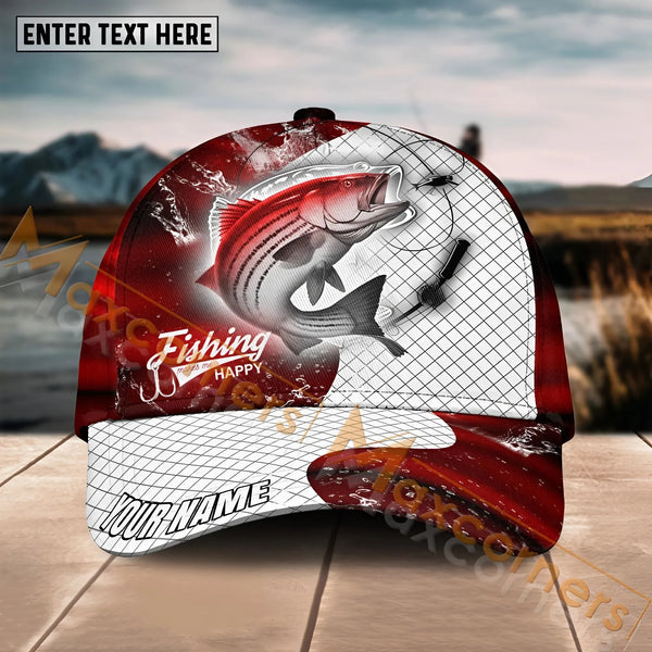 Maxcorners Striped Bass Fishing Red Dark Pattern Sport Pattern Personalized Name 3D Cap MT133