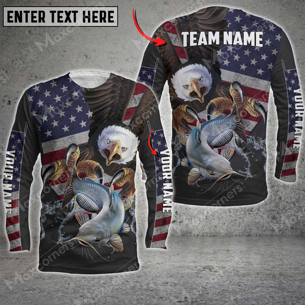 Maxcorner Catfish Fishing Eagle US Flag Personalized 3D Long Sleeve Shirt