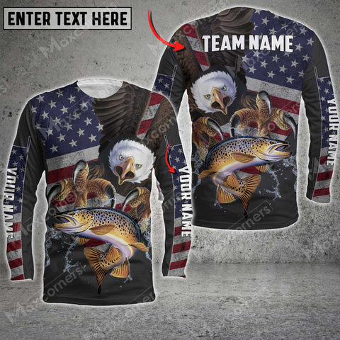 Maxcorner Trout Fishing Eagle US Flag Personalized 3D Long Sleeve Shirt