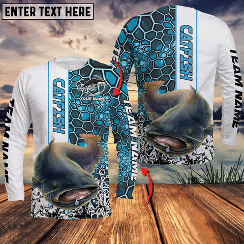 Maxcorner Catfish Fishing Blue Camo Pattern Personalized Name And Team Name Long Sleeve Shirt