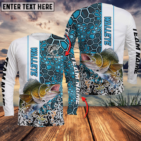 Maxcorner Walleye Fishing Blue Camo Pattern Personalized Name And Team Name Long Sleeve Shirt