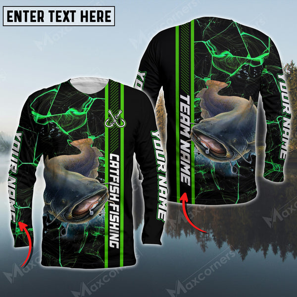 Maxcorner Catfish Fishing Pattern Green Personalized 3D Long Sleeve Shirt