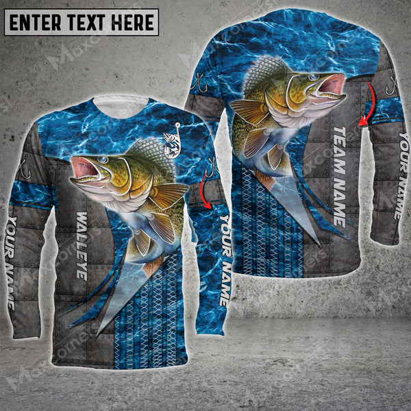 Maxcorner Walleye Fishing Metal Pattern Personalized 3D Long Sleeve Shirt