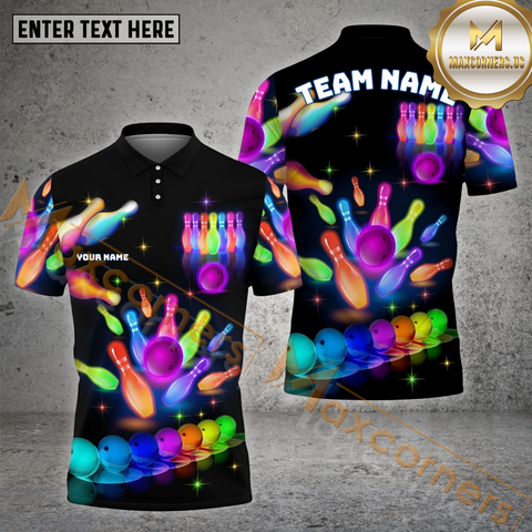 Maxcorners Party Colorful Neon Bowling With Purple Ball Jersey Customized Name, Team Name 3D Shirt Unisex