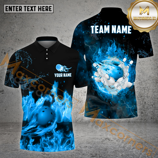 Maxcorners Bowling & Pins Water And Light Fire Pattern Multicolor Option Customized Name, Team Name 3D Polo Shirt (4 Colors)