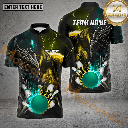 Maxcorners Bowling & Pins Flame Thunder Wolf And Dragon Pattern  Multicolor Option Customized Name, Team Name 3D Polo Shirt (4 Colors)