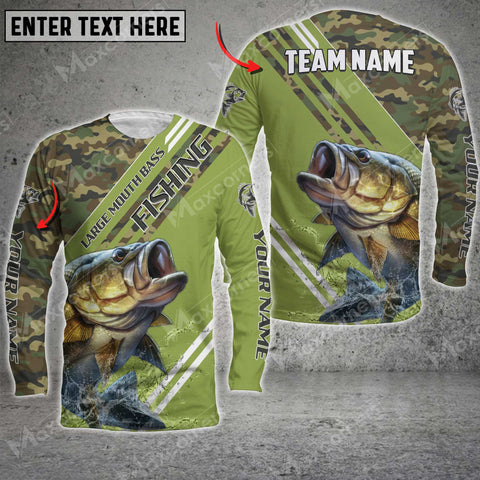 Maxcorner Large Mouth Bass Fishing Green Camo Personalized 3D Long Sleeve Shirt