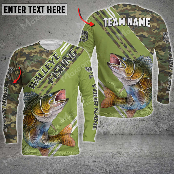 Maxcorner Walleye Fishing Green Camo Personalized 3D Long Sleeve Shirt