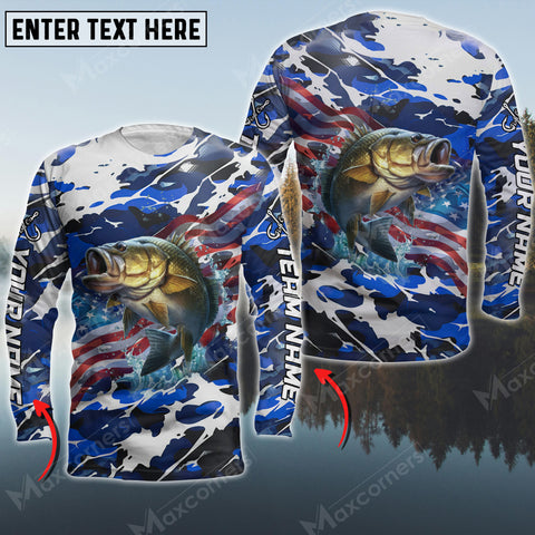 Maxcorner Bass Fishing Flag US Pattern Personalized 3D Long Sleeve Shirt