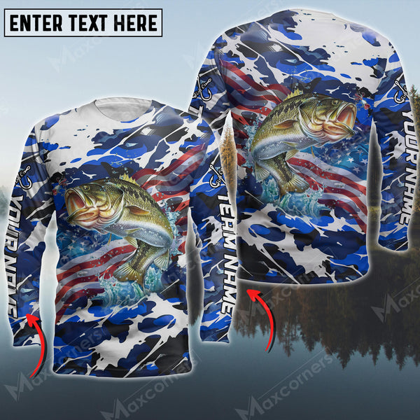 Maxcorner Large Mouth Bass Fishing Flag US Pattern Personalized 3D Long Sleeve Shirt