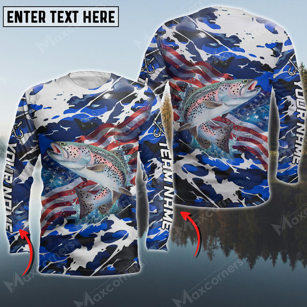 Maxcorner Salmon Fishing Flag US Pattern Personalized 3D Long Sleeve Shirt