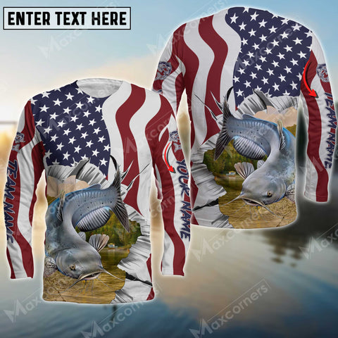 Maxcorner Catfish Fishing Flag US Pattern Personalized 3D Long Sleeve Shirt