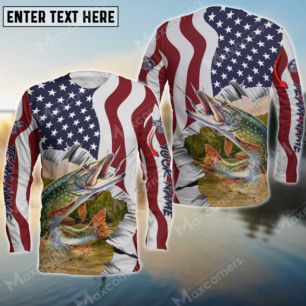 Maxcorner Pike Fishing Flag US Pattern Personalized 3D Long Sleeve Shirt