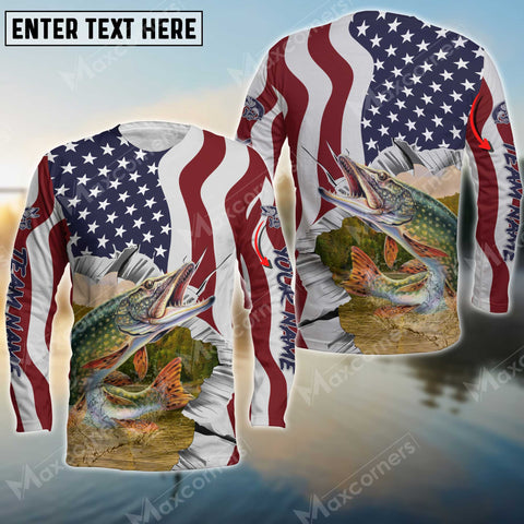 Maxcorner Pike Fishing Flag US Pattern Personalized 3D Long Sleeve Shirt