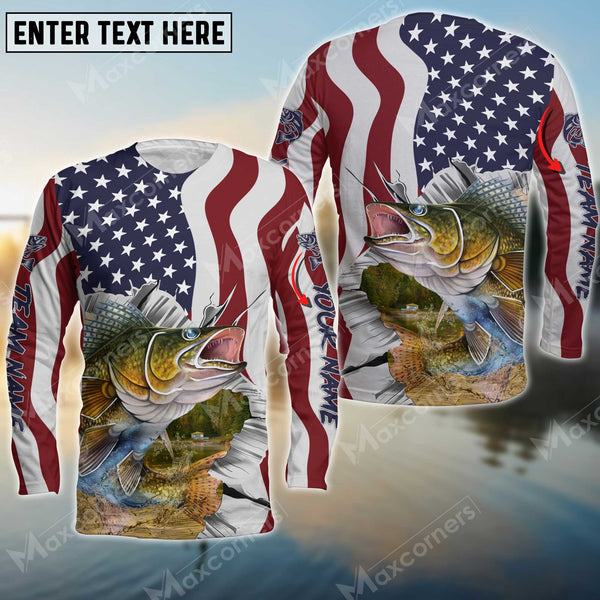 Maxcorner Walleye Fishing Flag US Pattern Personalized 3D Long Sleeve Shirt