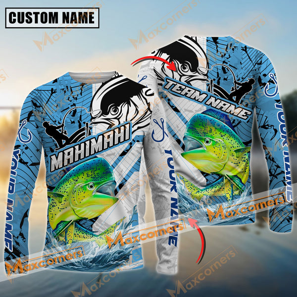 Maxcorners Mahi-Mahi Fishing Blue and White Pro Sport Jersey Pattern Sun Protection Personalized Name Team Name 3D Shirts