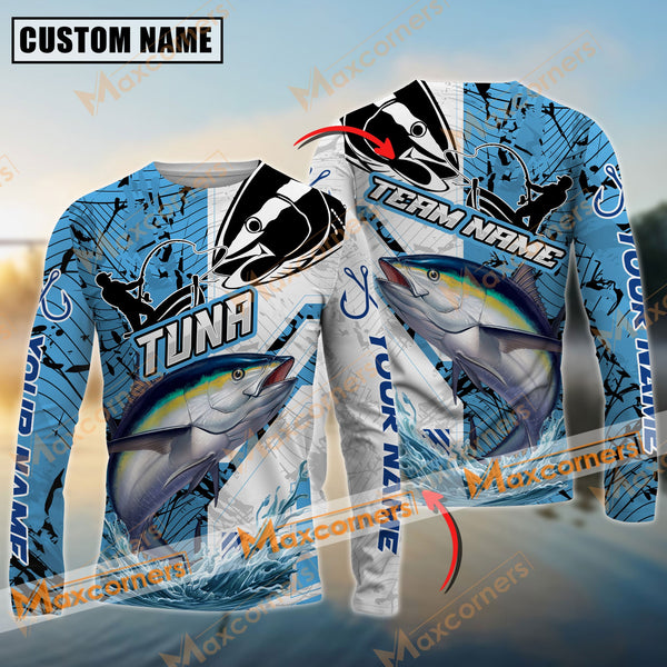 Maxcorners Tuna Fishing Blue and White Pro Sport Jersey Pattern Sun Protection Personalized Name Team Name 3D Shirts