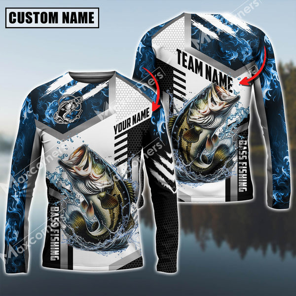 Maxcorners Bass Fishing Blue Flame Sport Jersey Personalized Name, Team Name Long Sleeve Shirt