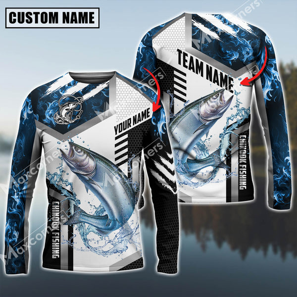 Maxcorners Chinook Fishing Blue Flame Sport Jersey Personalized Name, Team Name Long Sleeve Shirt