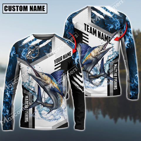 Maxcorners Marlin Fishing Blue Flame Sport Jersey Personalized Name, Team Name Long Sleeve Shirt