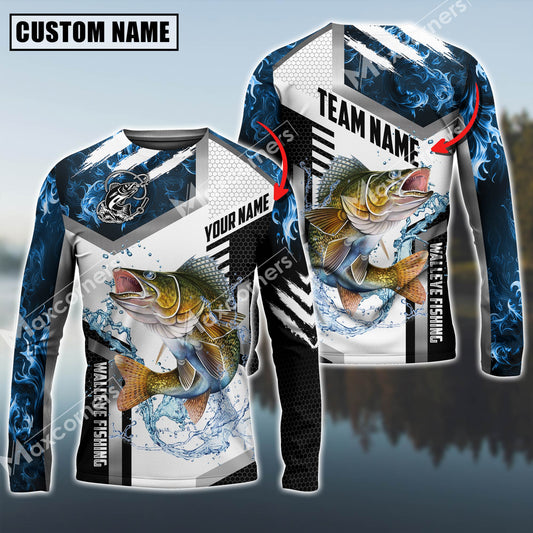 Maxcorners Fishing Blue Flame Sport Jersey Personalized Name, Team Name Long Sleeve Shirt (6 Fish Species)