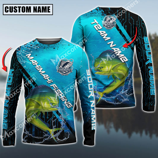 Maxcorners Mahi-Mahi Fishing Technology Pattern Personalized Name, Team Name Long Sleeve Shirt