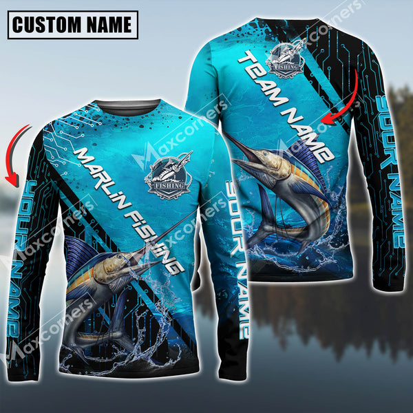 Maxcorners Marlin Fishing Technology Pattern Personalized Name, Team Name Long Sleeve Shirt