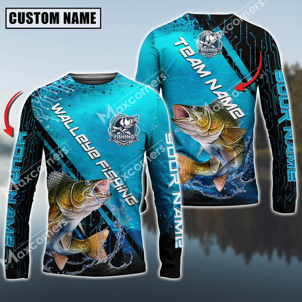 Maxcorners Walleye Fishing Technology Pattern Personalized Name, Team Name Long Sleeve Shirt