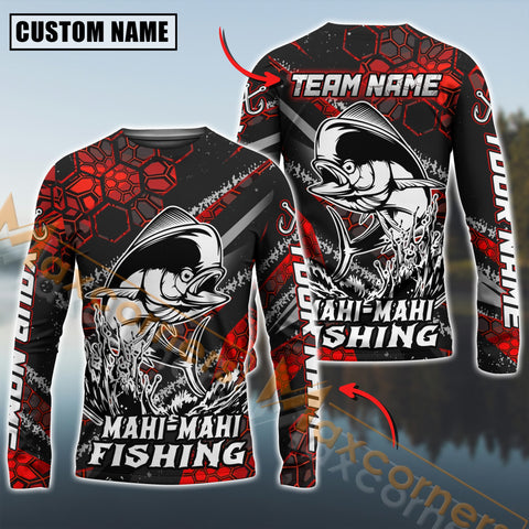 Maxcorners Mahi-Mahi Fishing Red Hexagon Pattern Pro Sport Jersey Personalized Name And Team Name Fishing Long Sleeve Shirt