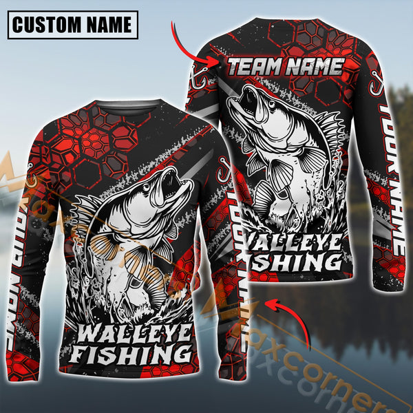 Maxcorners Walleye Fishing Red Hexagon Pattern Pro Sport Jersey Personalized Name And Team Name Fishing Long Sleeve Shirt