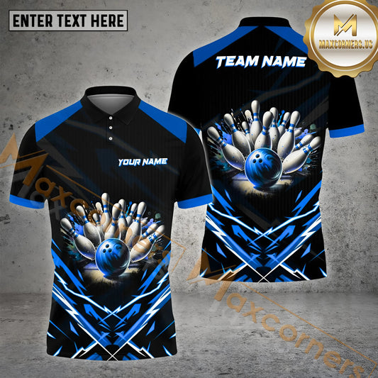 Maxcorners Thunder And Bowling Ball & Pins Personalized Name, Team Name 3D Polo Shirt (4 Colors)