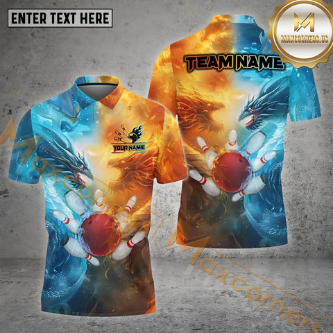 Maxcorners The Fire VS Water Dragon Bowling Ball & Pins Personalized Name, Team Name 3D Polo Shirt (4 Colors)