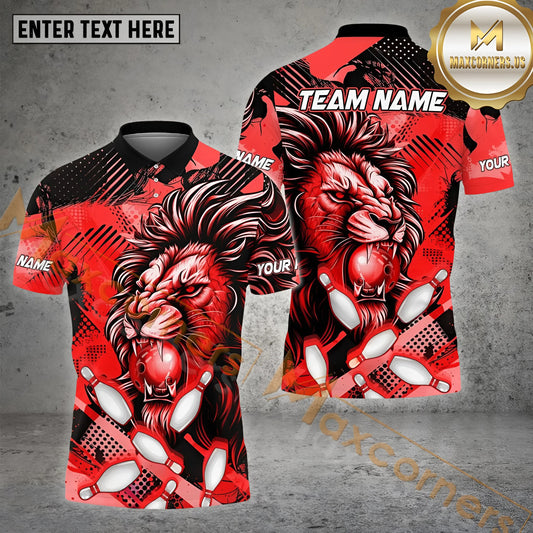 Maxcorners Bowling Ball & Pins The Lion Bowling Ball Pattern Personalized Name, Team Name 3D Polo Shirt (4 Colors)