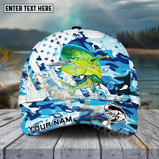 Maxcorners Mahi-Mahi Fishing Blue White Seawwave American Flag Pattern Sport Pattern Personalized Name 3D Cap MT173